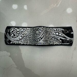 Caroline Rocha Leather Cuff Bracelet with Silver Crystal Swirl Accents